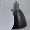 Extra large pendant light with a steel black enamelled dome shaped shade with white interior on a grey background