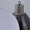 Extra large pendant light with a steel black enamelled dome shaped shade with white interior on a grey background