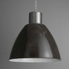 Extra large pendant light with a steel black enamelled dome shaped shade with white interior on a grey background