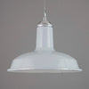 Vintage industrial pale blue enamel pendant light made in England 1950-1960 hanging in front of grey background