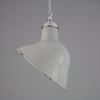 A vintage thorlux grey vitreous enamel ceiling light with an angled shade for directional light