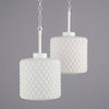 two small white opaline decorative pendant lights with geometric design glass and white bakelite fittings