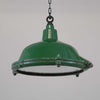 a vintage industrial heavy cast steel green enamel pendant light by REVO made in 1930's restored by Loomlight