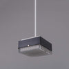 A retro square glass pendant light. 260mm square prismatic glass shades with a black metal housing ceiling mounted on a white rod.