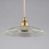 small glass ceiling lights with a brass hanging gallery. The circular glass shades have concentric circular pattern.