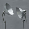 Two vintage industrial-style metal lamps on stands against a gray background