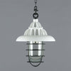 a white vintage industrial ceiling light with black cage which covered the glass dome over the lampholder.