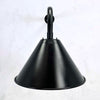 The wall mounted industrial style black downlight is a new fixture based on the design of the British Army festoon shades that were used in the field. Made in England by Loomlight, the conical steel lamp shade is painted satin black and is extended from the wall by a curved black wall arm fixture. Ideal for illuminating pictures on the wall or down lighting walls for ambiance. This wall fixture can be used on its own or alongside ceiling lights.