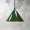 Industrial Small Green Ceiling Light. The design is based on British army festoon shades. It is a simple conical steel shade painted green perfect a timeless design ideal for ambient lighting or directional lighting.