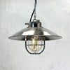 Vintage industrial cage ceiling light made from cast steel with LED filament light bulb. professionally refurbished by British lighting restoration specialists Loomlight.
