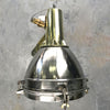 Large Stainless Steel Pendant Light with a brass top section. It has been reclaimed from decommissioned cargo ships. Loomlight professionally restore these fixtures and rewire with E27 lamp holders compatible with LED light bulbs.
