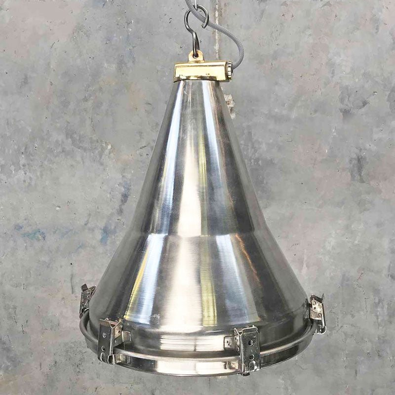 Vintage industrial stainless steel ceiling lighting. Reclaimed from cargo ships and given a modern refurbishment by Loomlight. Compatible with LED light bulbs. Originally manufactured by Daeyang in 1970's.