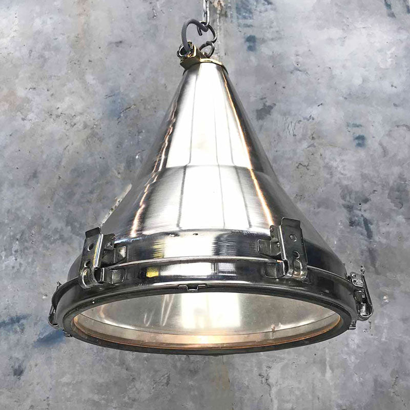 Vintage industrial stainless steel ceiling lighting. Reclaimed from cargo ships and given a modern refurbishment by Loomlight. Compatible with LED light bulbs. Originally manufactured by Daeyang in 1970's.