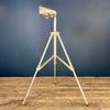 Bespoke steampunk floor lamp reclaimed and restored with an aluminium lamp head fitted to an extendable tripod by Linhof