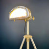 Bespoke steampunk floor lamp reclaimed and restored with an aluminium lamp head fitted to an extendable tripod by Linhof