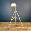 Bespoke steampunk floor lamp reclaimed and restored with an aluminium lamp head fitted to an extendable tripod by Linhof