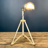 Bespoke steampunk floor lamp reclaimed and restored with an aluminium lamp head fitted to an extendable tripod by Linhof
