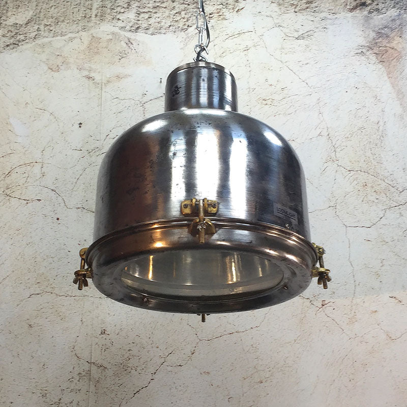 Ship Pendant Light reclaimed and restored for modern interiors compatible with LED light bulbs. A large steel ceiling light for modern interiors
