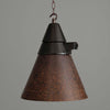 Vintage-style pendant light with a brown cone-shaped shade on a gray background