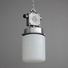 Vintage opaline glass and aluminium 1950s Czechoslovakian pendant light by Elektrosvit on a grey background