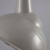 Large grey vitreous enamel factory pendant lights with angled shade for directional task lighting.