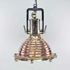 This is a large vintage industrial copper and brass industrial cargo ceiling light made by the German manufacturer Wiska. It consists of a fluted spun copper dome with cast brass top section . It has wing nuts on the hanging mount so that the light can be tilted and illumination directional.
