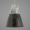 Industrial-style pendant light with black shade and gray top on a gray background