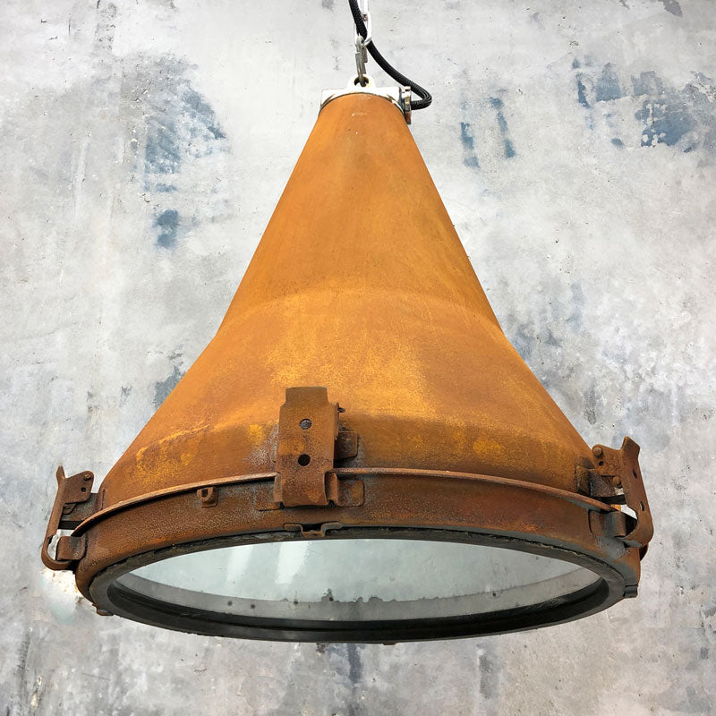 vintage industrial rusty ceiling light. These ceiling light fixtures have been reclaimed from industrial environments and refurbished by hand by loomlight who are British lighting restoration specialists. A bespoke rust finish has been hand applied. 