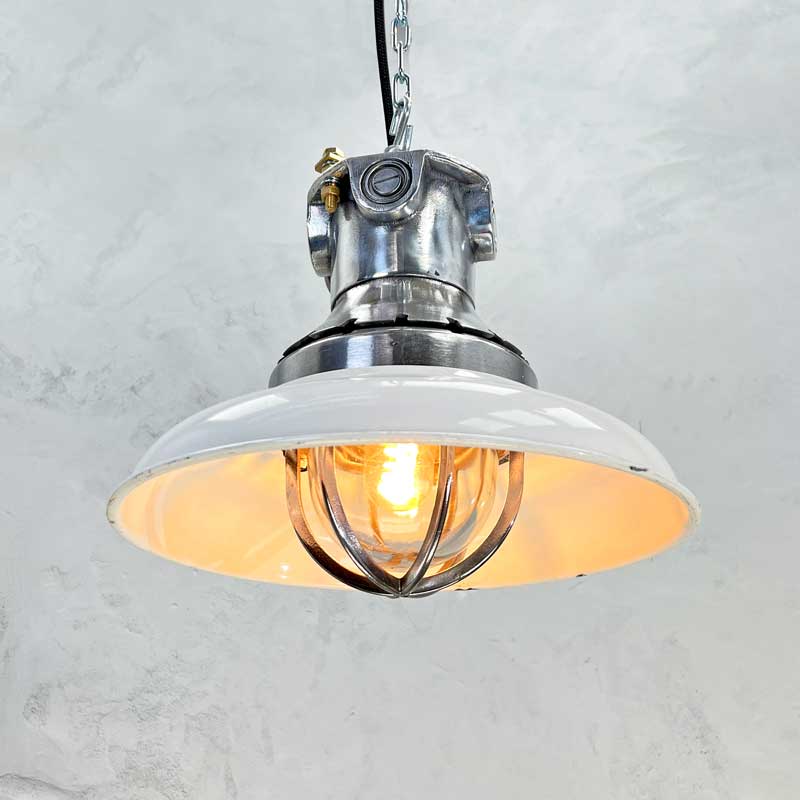 Shop the white pendant light with enamel finish. Vintage industrial pendant lighting restored professionally with LED light bulbs. Worldwide shipping available. 