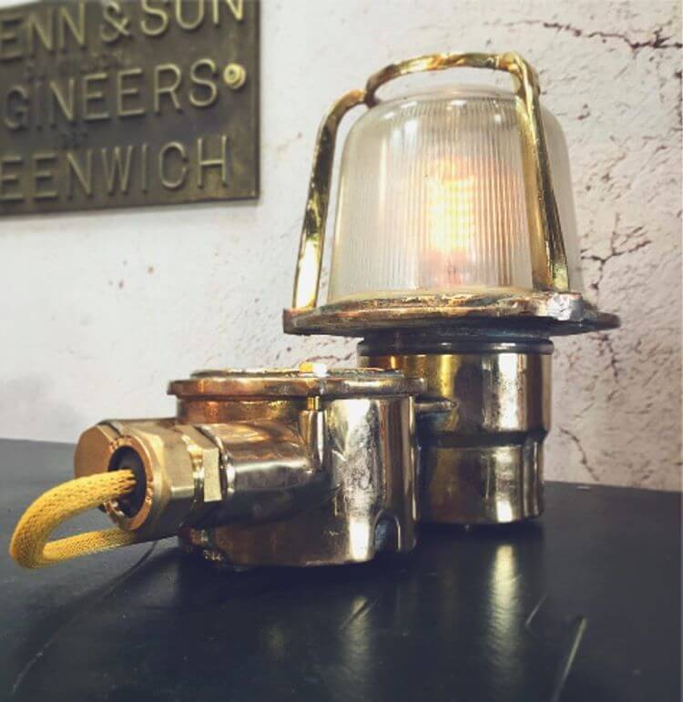 Industrial brass table lamp converted from an old brass bulkhead lamp by EOW