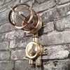 A reclaimed military brass 90 degree wall light with cast brass cage. reclaimed from military vessels and rewired compatible with LED light bulbs.