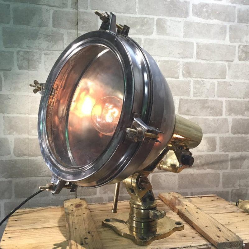 A retro industrial brass, stainless steel and copper naval searchlight table lamp, salvaged & restored.