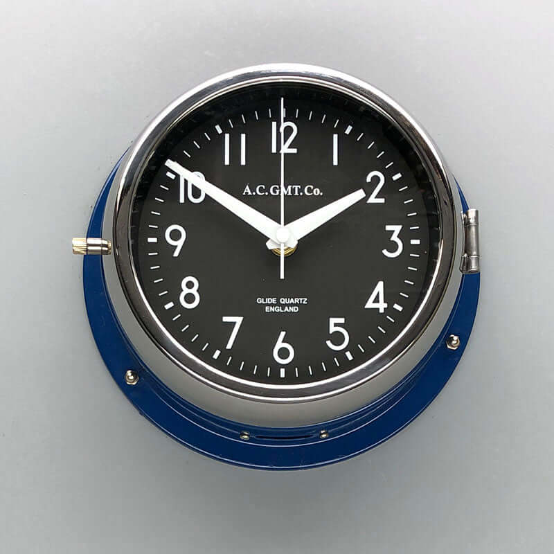 Navy Blue nautical wall clock salvaged and restored with Quartz silent sweep seconds hand movement meaning this clock is non-ticking.