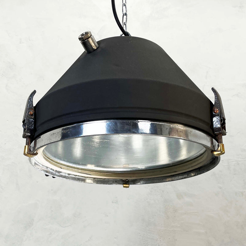 Original vintage industrial matt black ceiling light made out of solid steel. Reclaimed from industrial environments and refurbished by hand by Loomlight