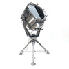 A reclaimed retro industrial aluminium marine searchlight paired with a satellite tripod to create a large bespoke floor lamp.