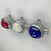 An original industrial cast aluminium, brass and red, white & blue glass micro spot trio wall light fixture.