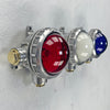 An original industrial cast aluminium, brass and red, white & blue glass micro spot trio wall light fixture.