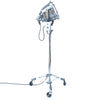 Retro industrial aluminium explosion proof cargo light with a telescopic Matthews theatre stand to create a large bespoke floor standing lamp.