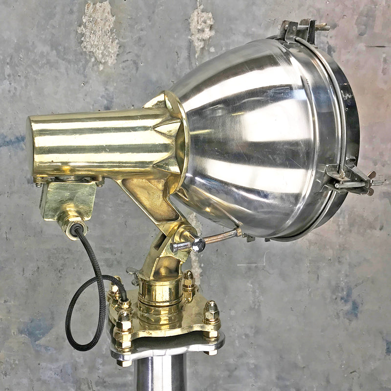 large vintage industrial stainless steel & brass floor lamp