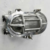 A reclaimed cast aluminium oval bulkhead wall light with a prismatic glass cover and protective cage.