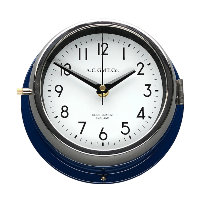 A classic blue wall clock with white face and black digits. Featuring a quartz silent sweep seconds hand movement which means this is a silent clock! Silent wall clocks for modern interiors.