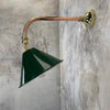 Bespoke vintage British army green tilting festoon wall lamp with copper and brass cantilever wall fixture.