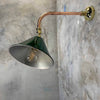 Bespoke vintage British army green tilting festoon wall lamp with copper and brass cantilever wall fixture.