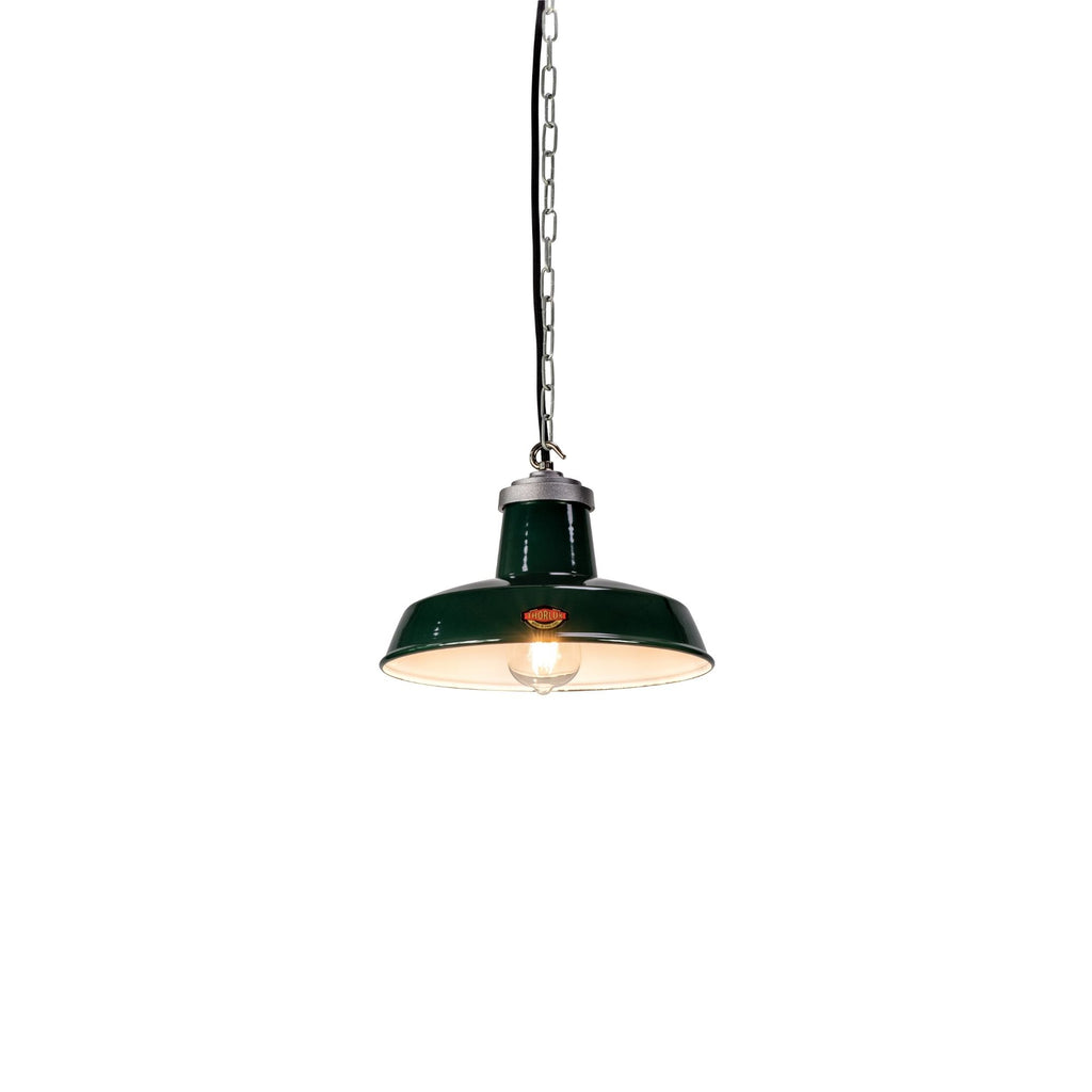 Factory style enamel pendant lighting. Minor 11" Enamel green Thorlux ceiling pendant light from the heritage range. Based on the original 1930's design. 
