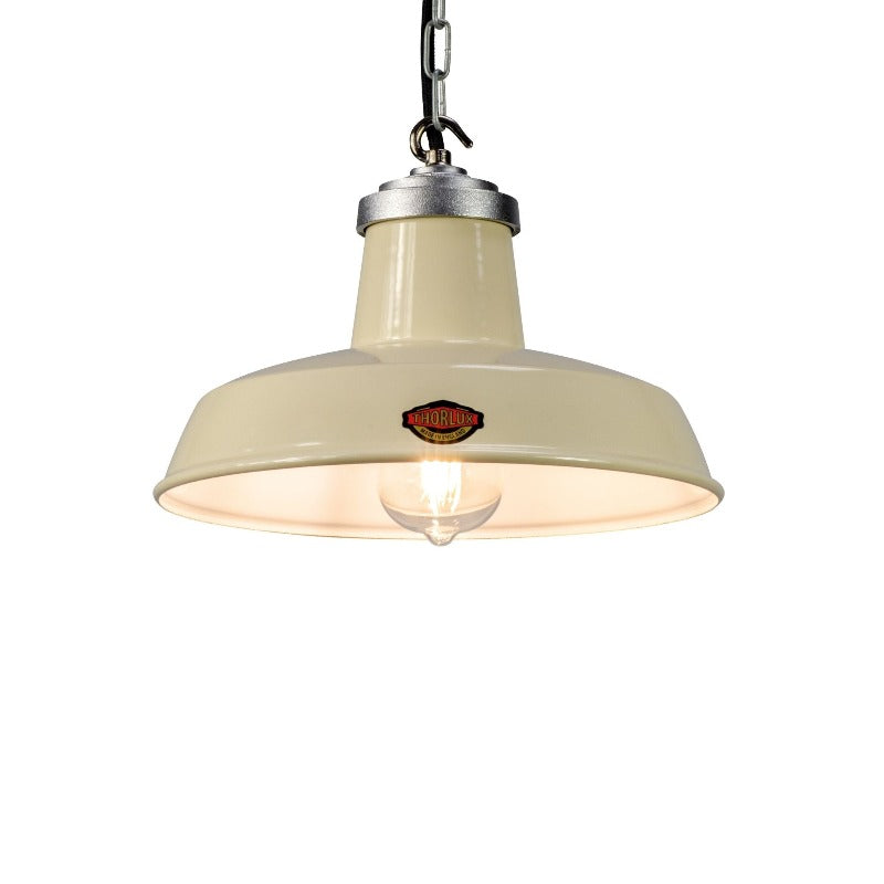 Minor 11" Enamel ivory Thorlux ceiling pendant light from the heritage range. Based on the original 1930's design. Factory style industrial lighting.