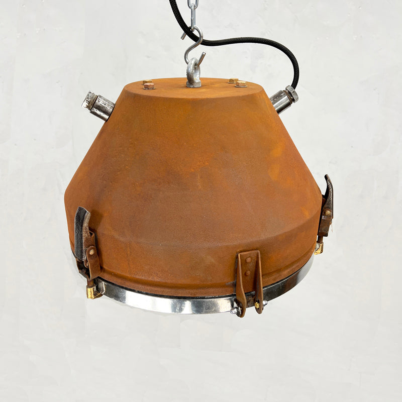 Vintage industrial rusted ceiling light with glass cover by VEB of Germany manufactured mid century. Professionally restored by hand in UK by Loomlight to modern lighting standards for contemporary interiors.   The rust is applied using our tailored rusting technique using iron powder and an accelerated oxidization process.