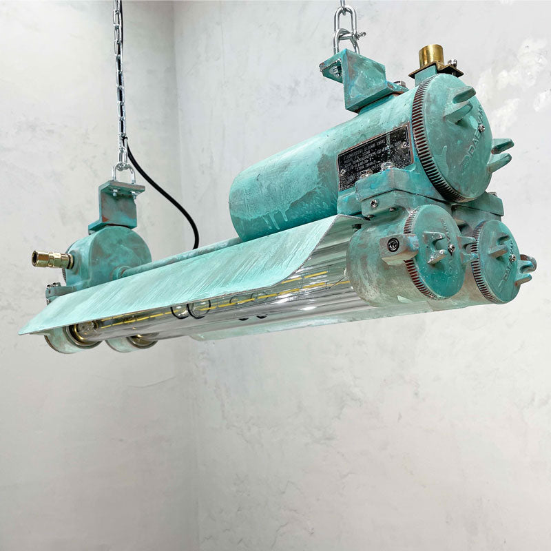 Shop our verdigris edison industrial striplight. Vintage Industrial lighting with LED tubes refinished with bespoke Verdigris rust effect.