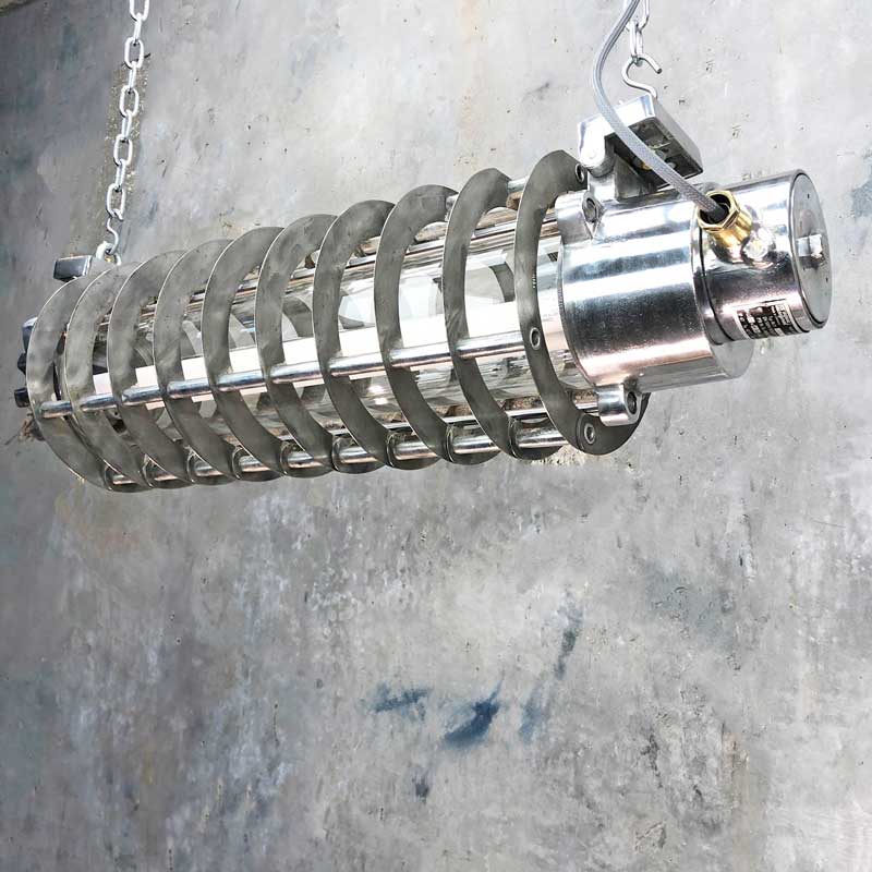 Shop for a 2ft strip light with a cage and LED tubes. A fantastic industrial style feature light refurbished ready for modern interiors. Vintage industrial strip lighting ideal for over a table