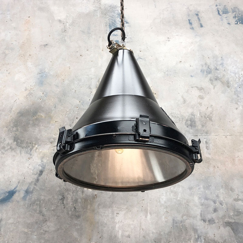 Vintage industrial black conical ceiling light. Reclaimed from cargo ships and refurbished by Loomlight. Compatible with LED light bulbs. Manufactured in the 1970's by Daeyang a Korean manufacturer of industrial grade fixtures & fittings. 