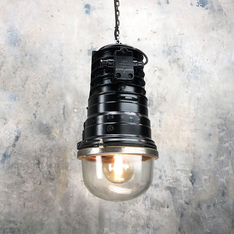 Large vintage industrial Black Ceiling light with glass dome & LED light bulb. This is an original explosion proof industrial fixture manufactured by EOW of Germany, reclaimed & restored by Loomlight. Ready to be installed in modern interiors.